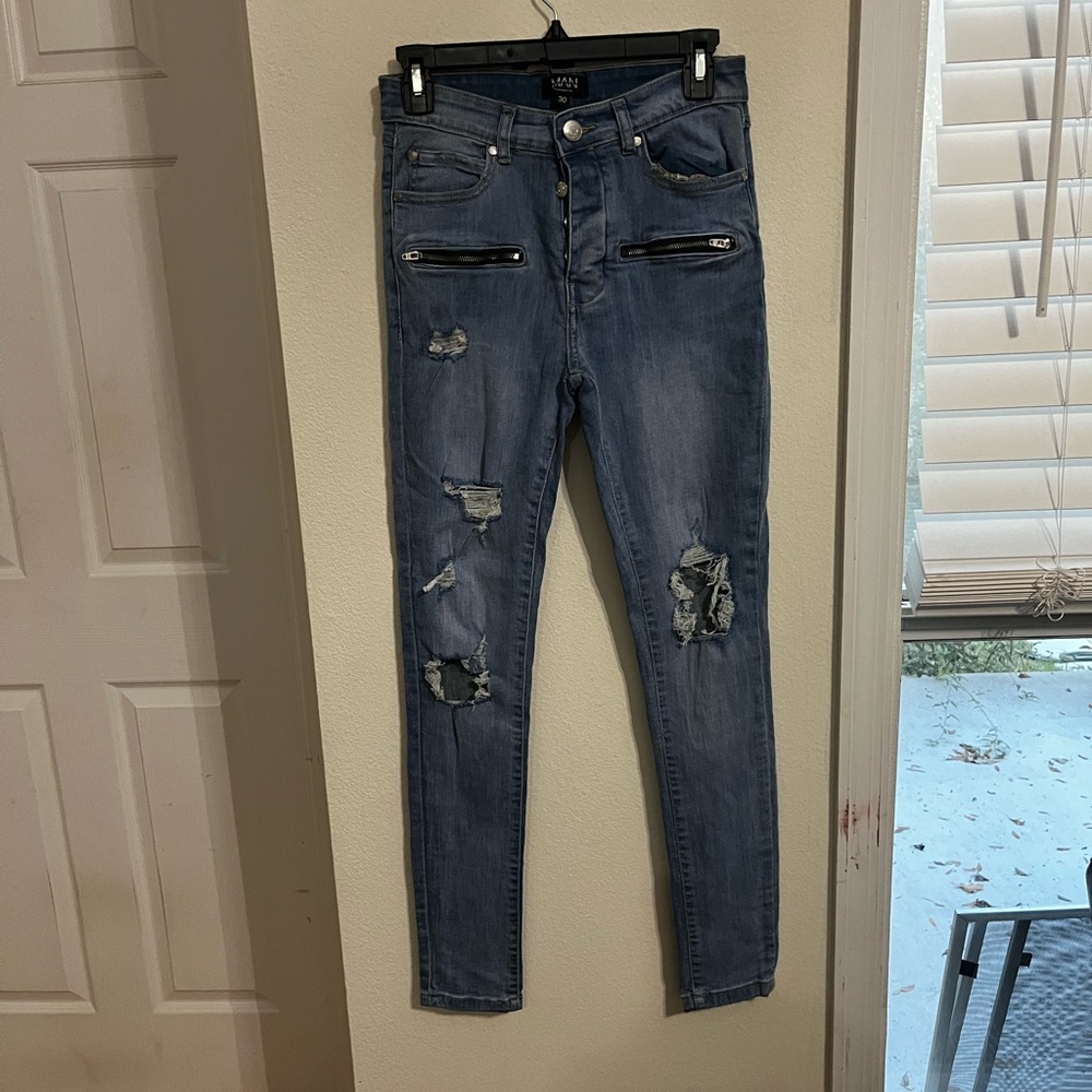 MAN boohooMAN Women's Distressed Blue Jeans